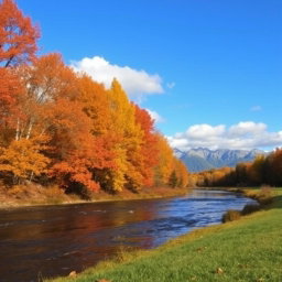 A serene landscape during autumn, featuring a vibrant forest with a variety of trees showcasing orange, red, and yellow foliage