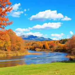 A serene landscape during autumn, featuring a vibrant forest with a variety of trees showcasing orange, red, and yellow foliage