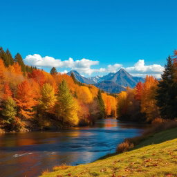 A serene landscape during autumn, featuring a vibrant forest with a variety of trees showcasing orange, red, and yellow foliage