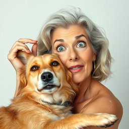 An attractive 70-year-old woman with a surprised expression, looking directly at the camera
