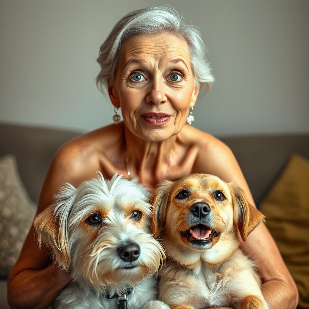 An attractive 70-year-old woman with a surprised expression, looking directly at the camera