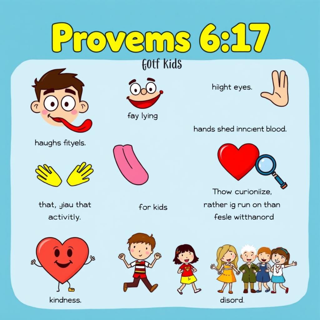 A colorful and engaging thumbnail for kids that illustrates a friendly and cartoonish interpretation of Proverbs 6:17, which addresses undesirable behaviors