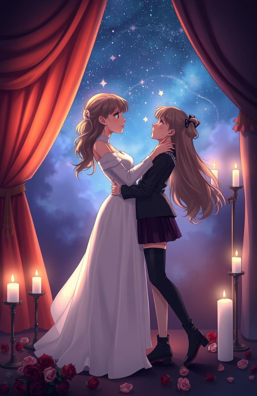 A romantic scene depicting two girls falling in love, set on a dramatic stage with theatrical elements