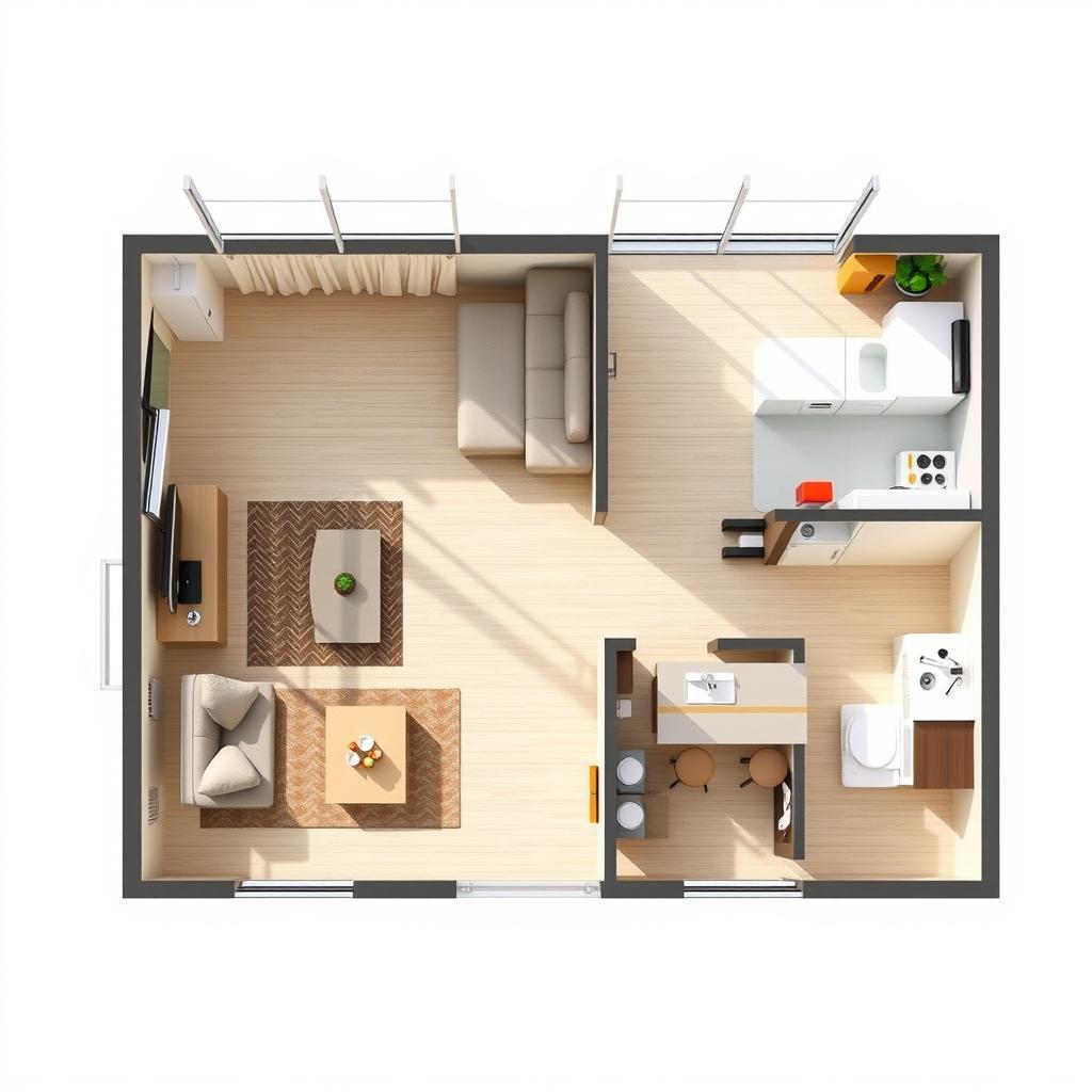A detailed floor plan for a studio apartment design, showcasing a living area, kitchen, and bathroom layout