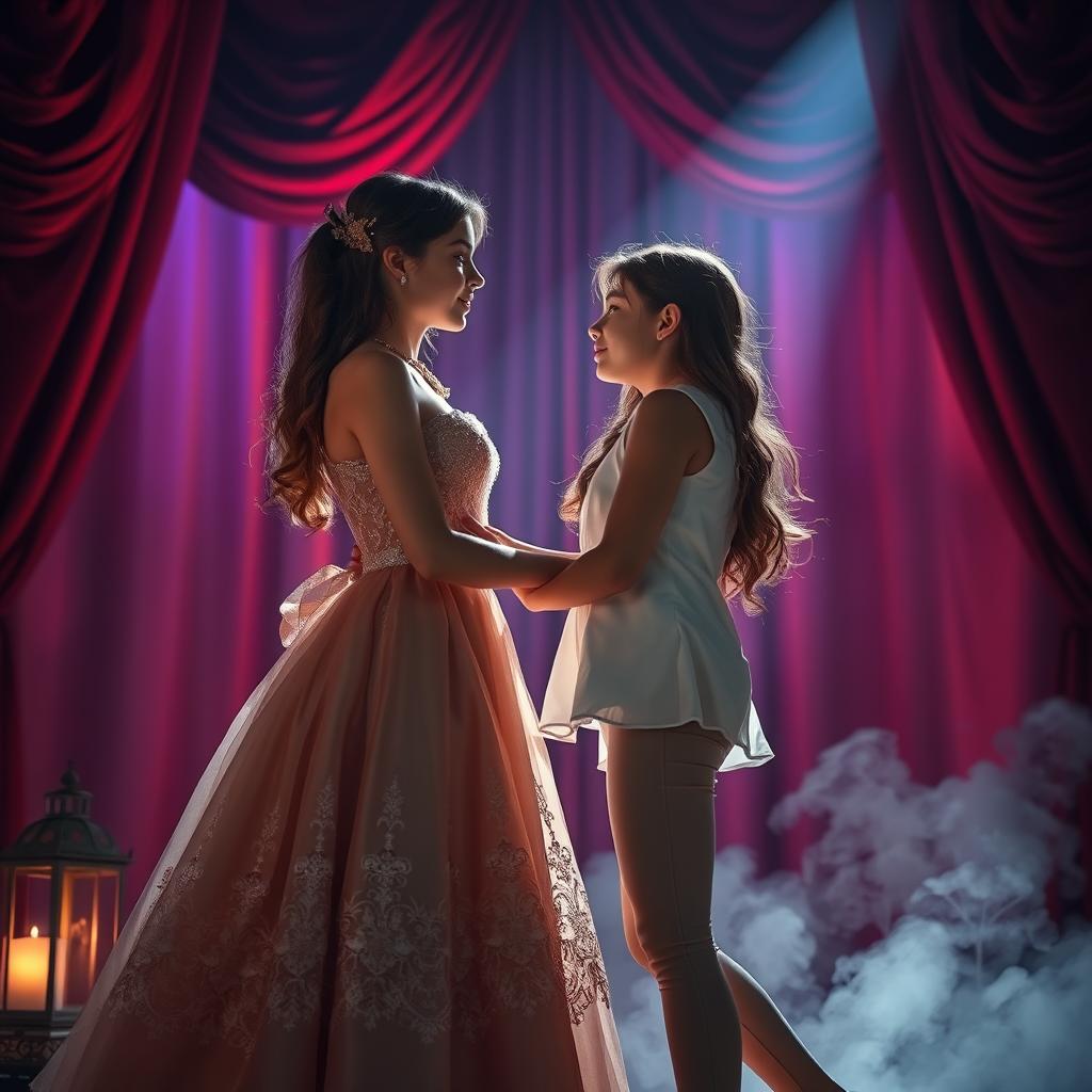 A romantic scene capturing two girls falling in love on a theatrical stage
