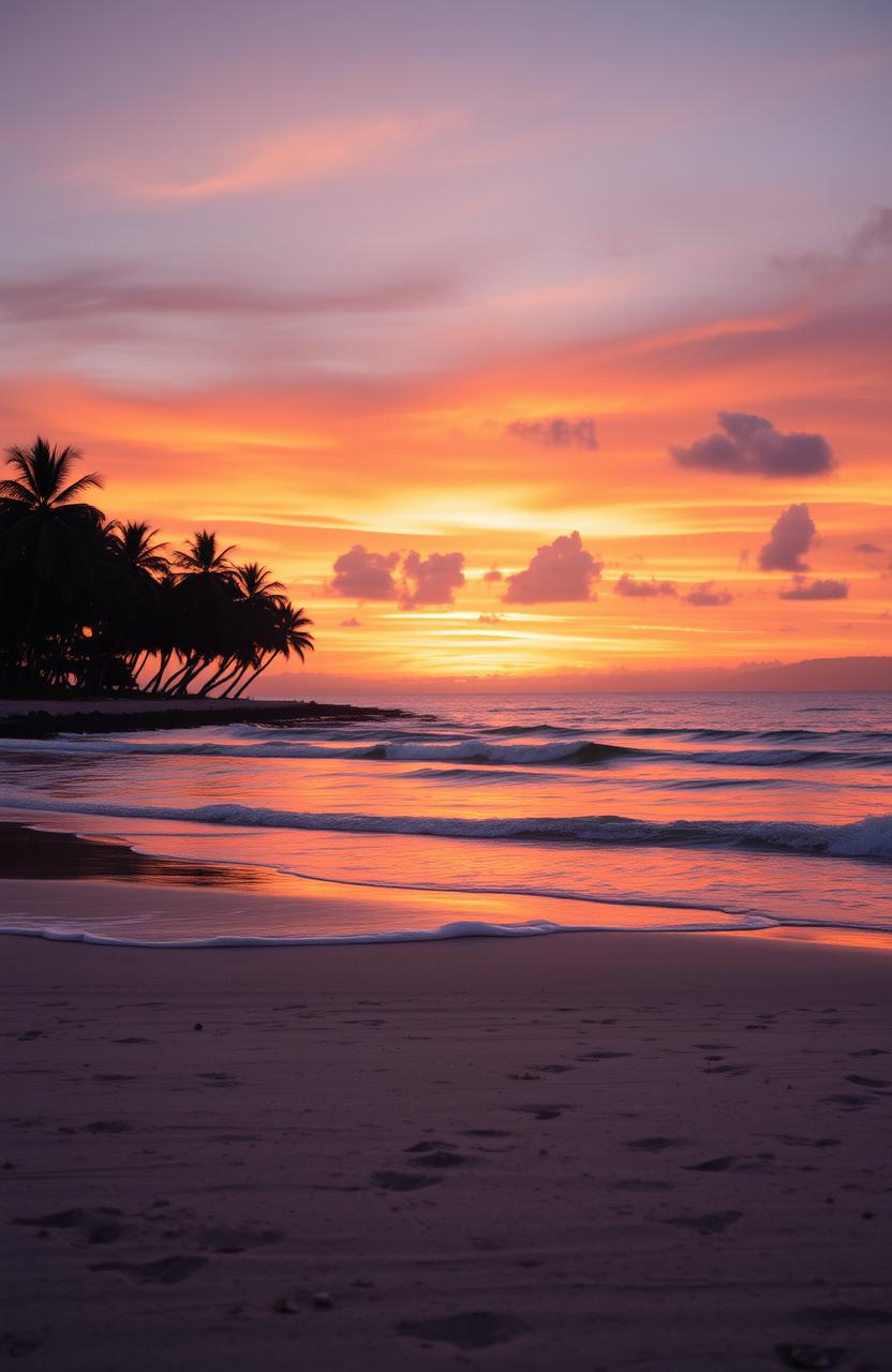 A serene sunset over a tranquil beach, with soft waves gently lapping at the shore