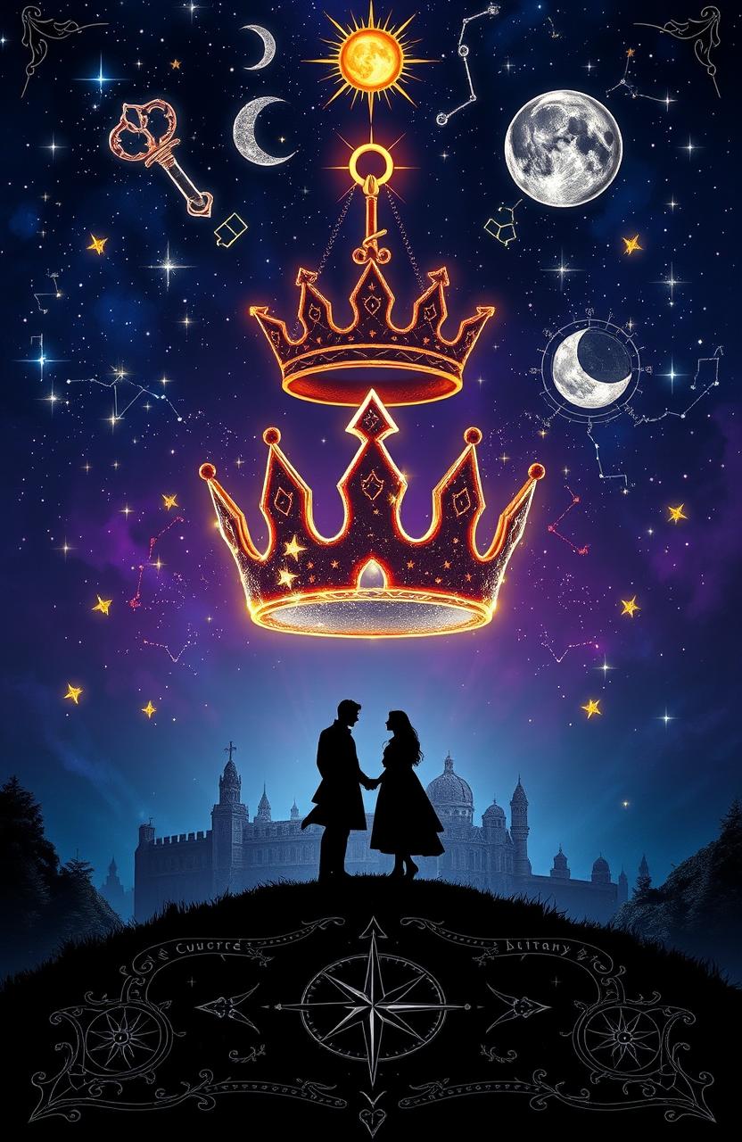 A fantasy book cover depicting a deep midnight blue and purple sky filled with glowing silver stars, some forming an ominous celestial sigil