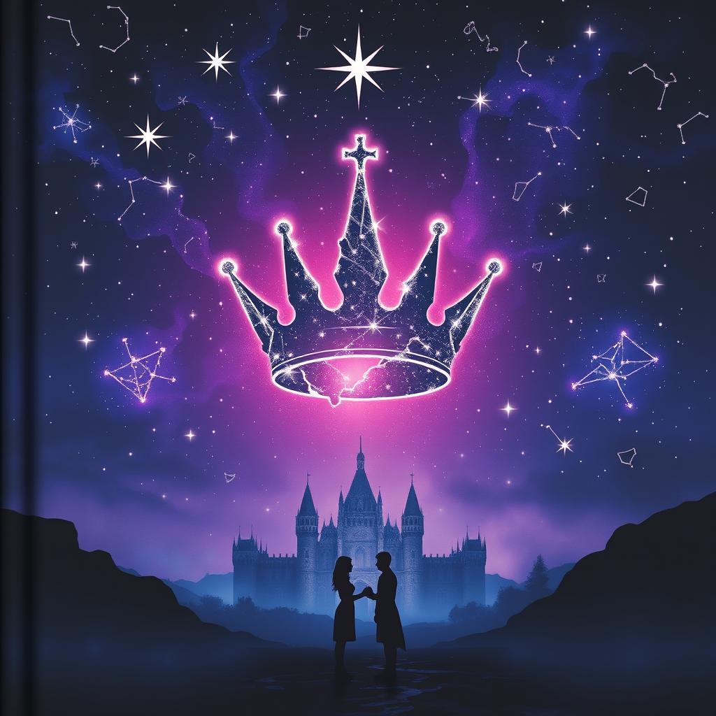A fantasy book cover featuring a deep midnight blue and purple sky scattered with glowing silver stars, some forming an ominous celestial sigil