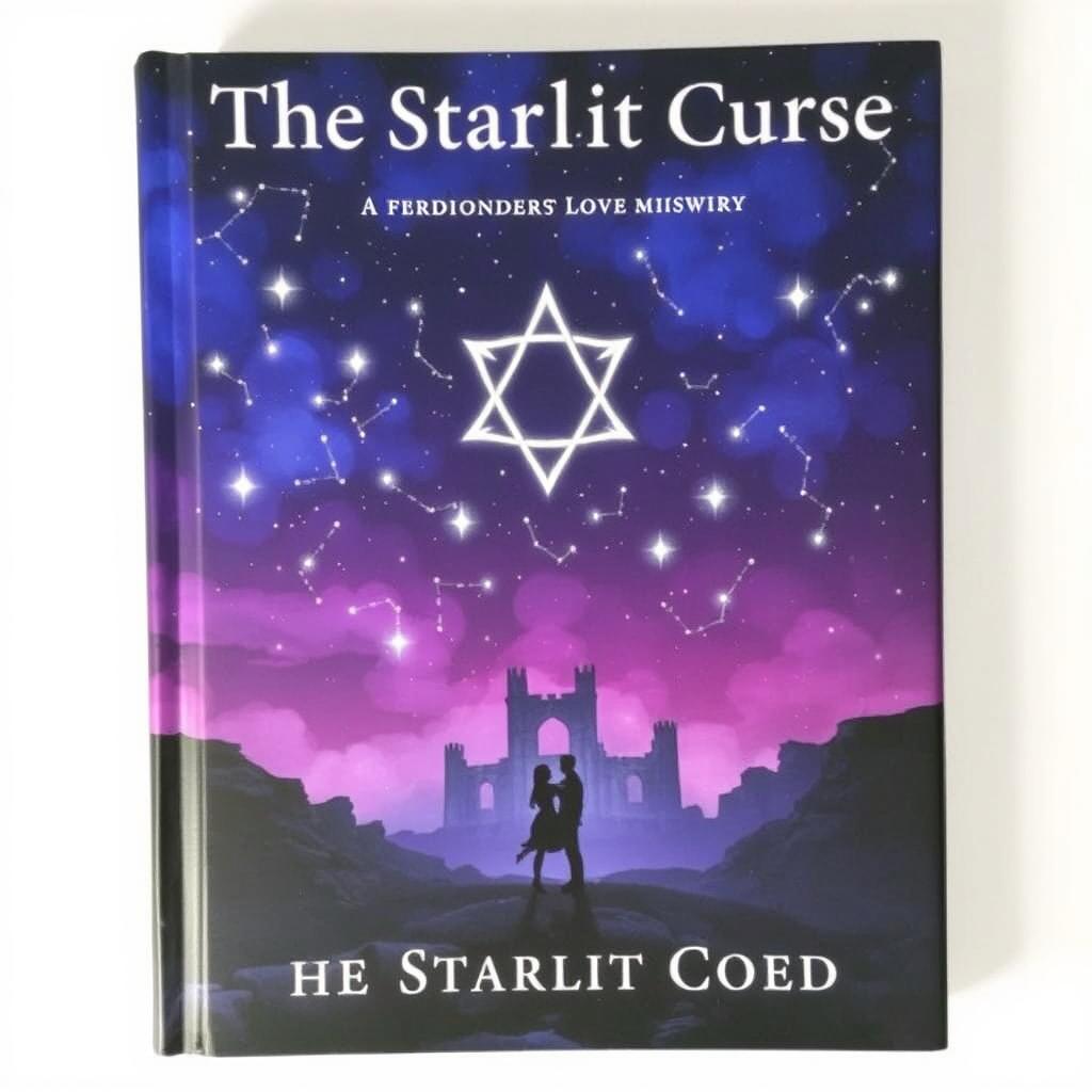 A fantasy book cover featuring a deep midnight blue and purple sky filled with glowing silver stars, some forming an ominous celestial sigil, hinting at a curse