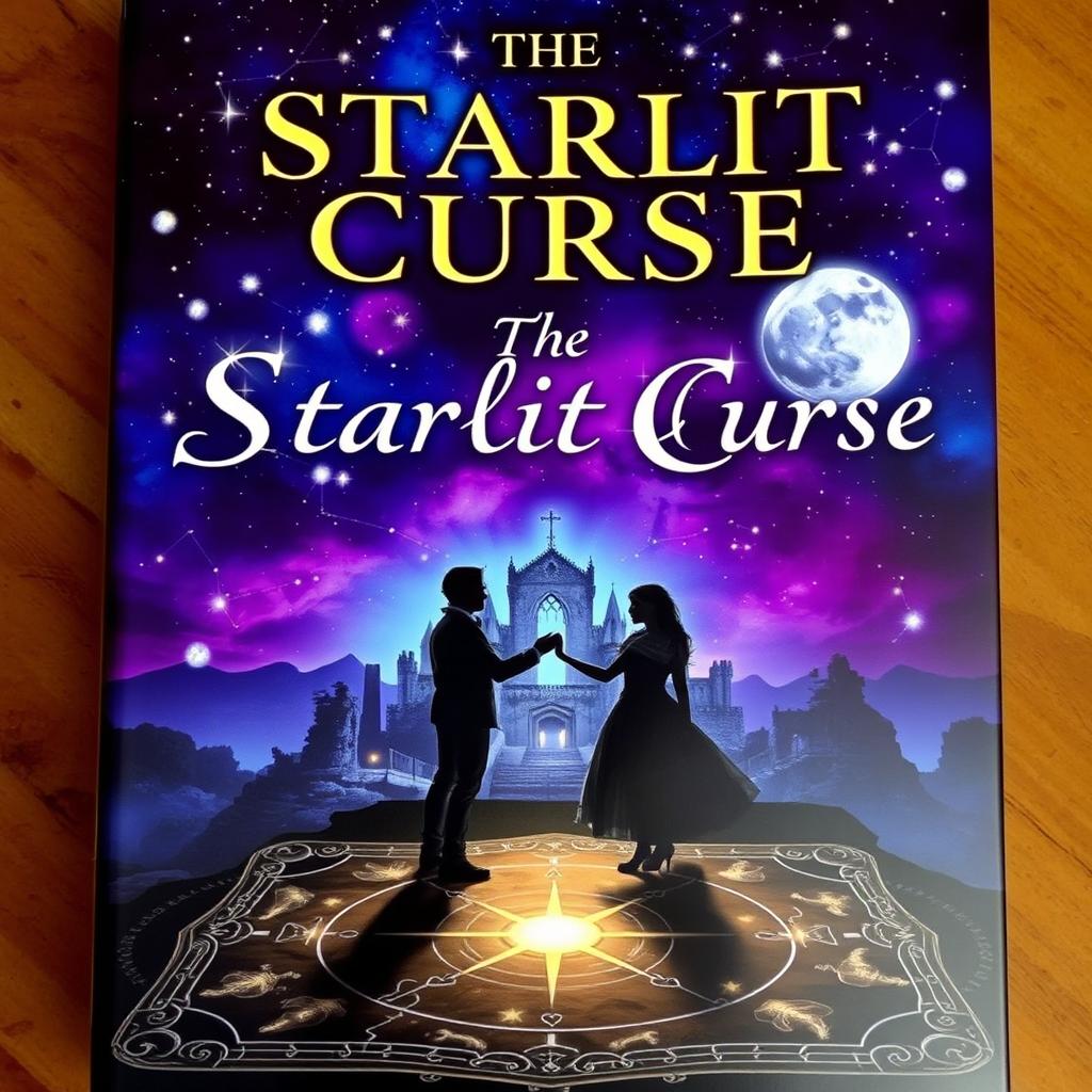 A fantasy book cover featuring a deep midnight blue and purple sky filled with glowing silver stars, some forming an ominous celestial sigil, hinting at a curse