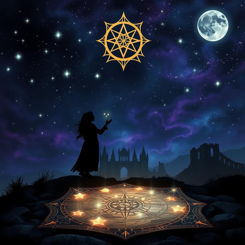A fantasy scene featuring a deep midnight blue and purple sky filled with glowing silver stars, with some stars forming an ominous celestial sigil that hints at a curse