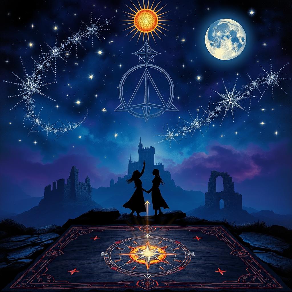 A fantasy scene featuring a deep midnight blue and purple sky filled with glowing silver stars, with some stars forming an ominous celestial sigil that hints at a curse
