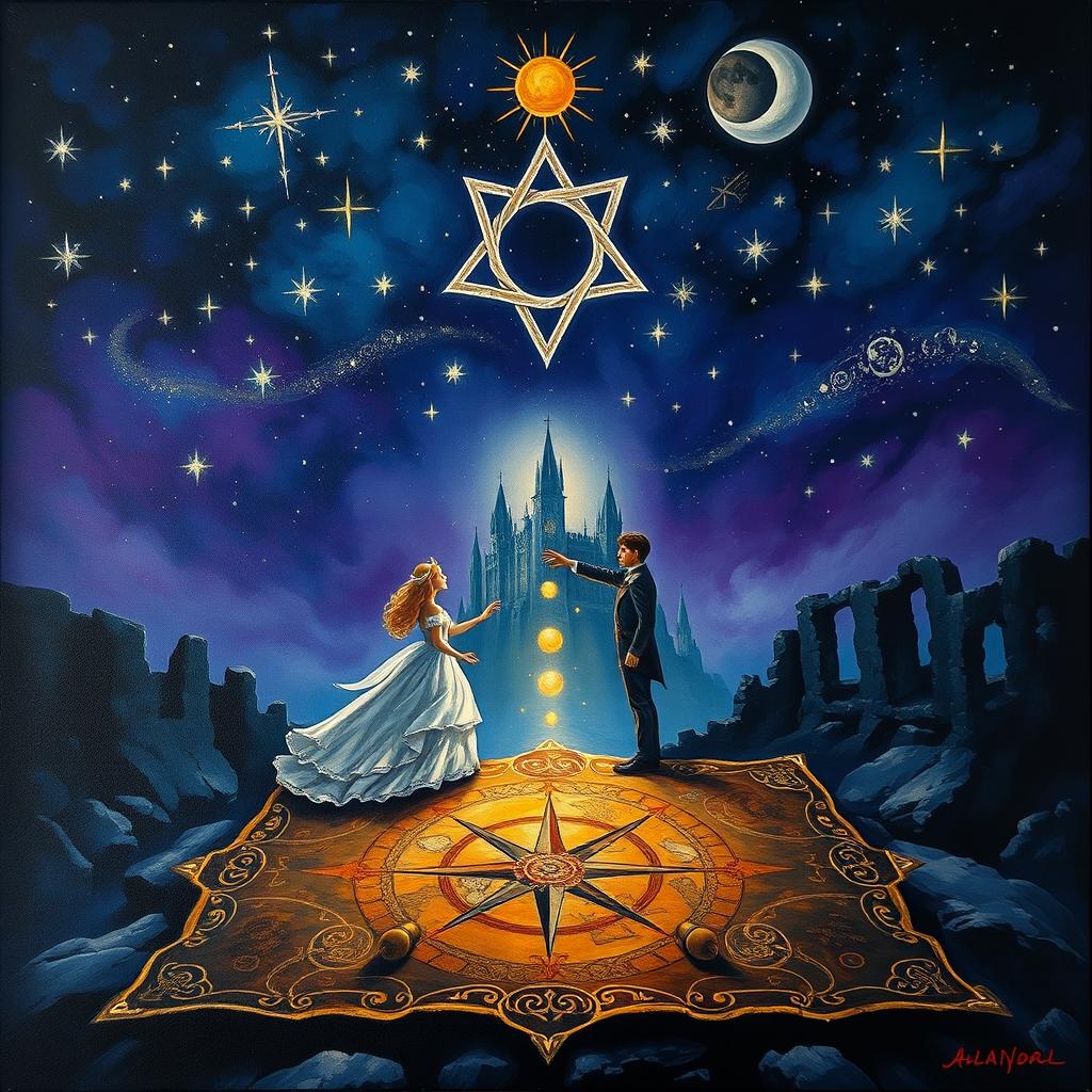 A fantasy scene in a painting style featuring a deep midnight blue and purple sky filled with glowing silver stars, some forming an ominous celestial sigil that hints at a curse