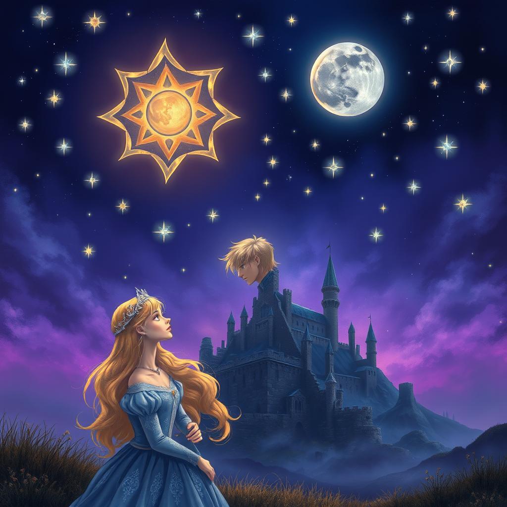 A fantasy scene depicting a deep midnight blue and purple sky filled with glowing silver stars, some forming an ominous celestial sigil that hints at a curse