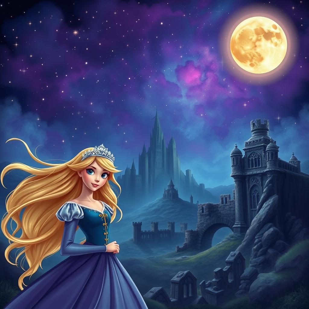 A fantasy scene featuring a deep midnight blue and purple sky filled with shimmering stars, hinting at a curse