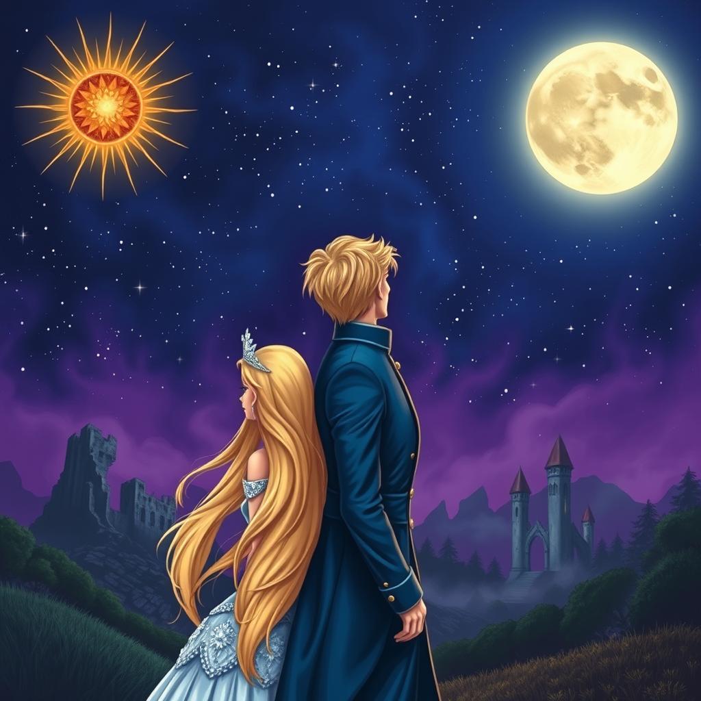 A fantasy scene featuring a deep midnight blue and purple sky filled with twinkling stars, hinting at a curse