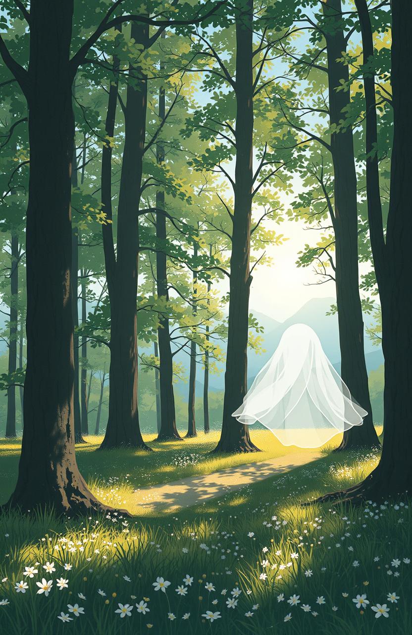 A cozy illustration depicting a serene white ghostly spirit gently floating amidst a lonely forest filled with soft, dappled sunlight