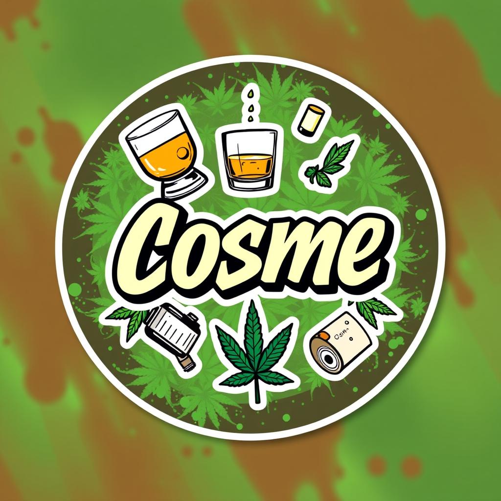Round stickers featuring a vibrant and edgy design with elements of alcohol, marijuana, and crime themes