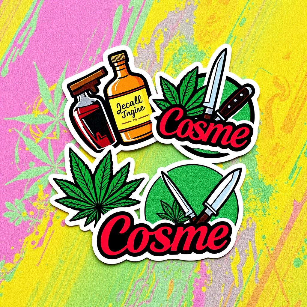 Round stickers featuring a bold and colorful design that incorporates themes of alcohol, marijuana, and knives