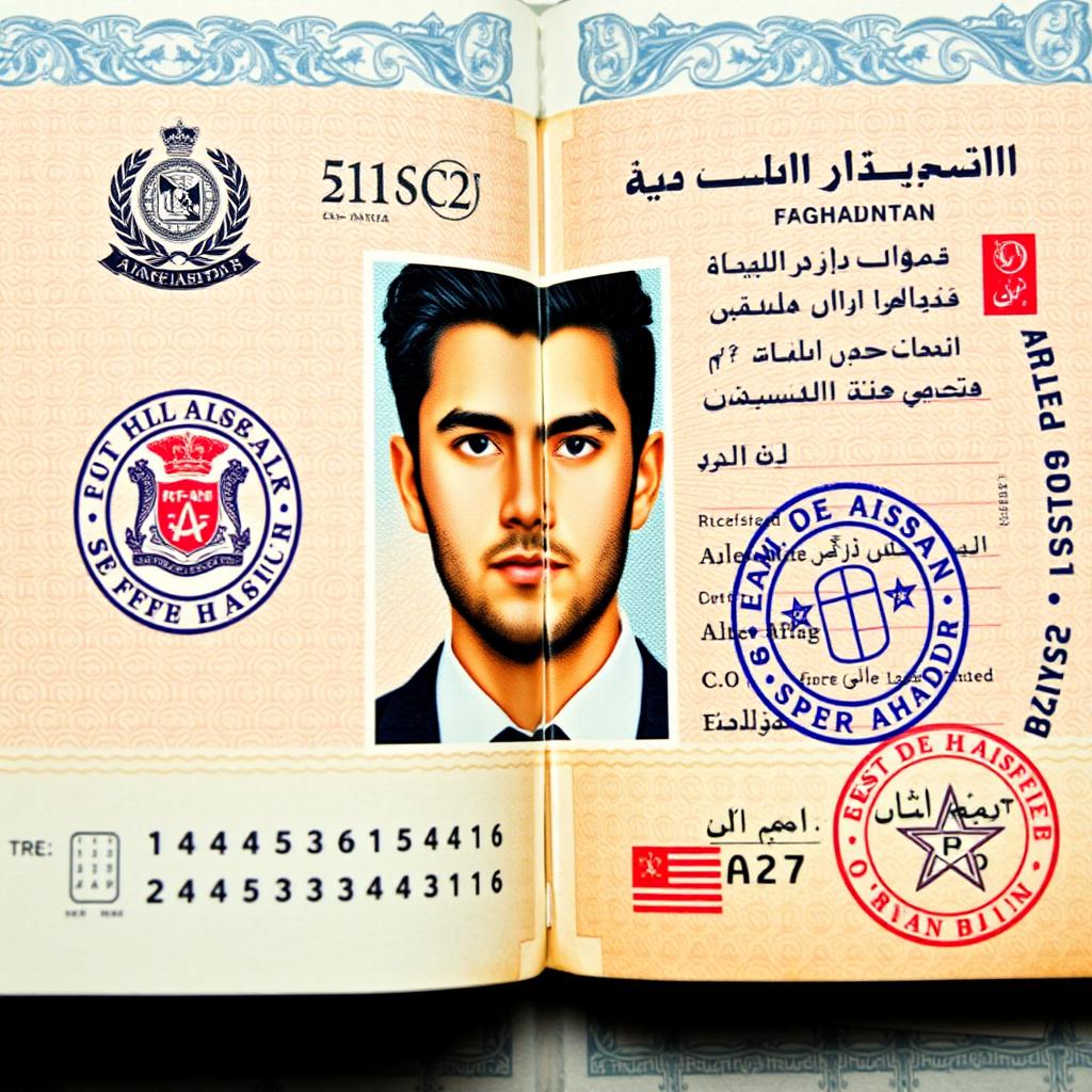 A realistic representation of an Afghanistan passport inner page, showcasing a detailed layout with official markings, a vibrant photo of a male subject with black hair and dark eyes, wearing a formal attire
