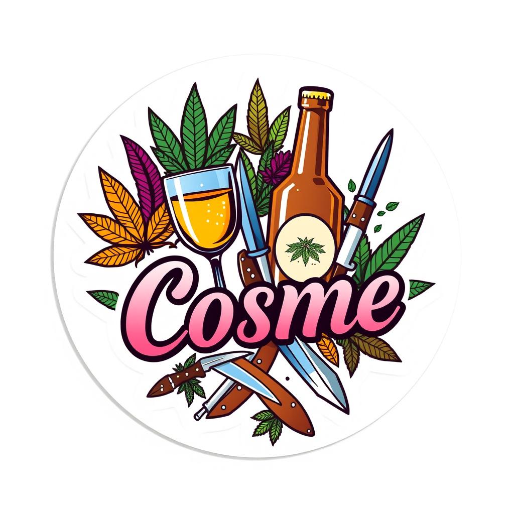 A round sticker design featuring a unique combination of themes: alcohol, marijuana, and knives