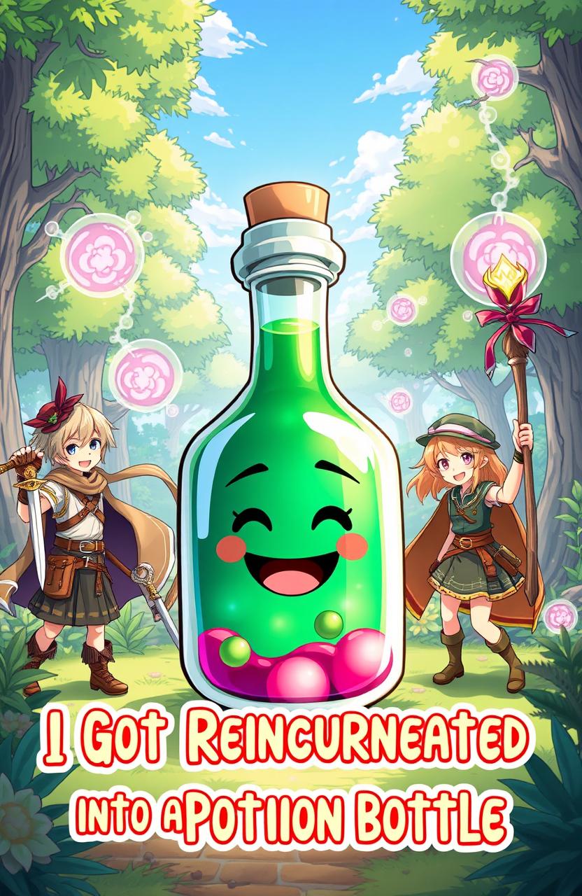 A cheerful anime-style illustration of a potion bottle with a smiling face, radiating positivity and charm