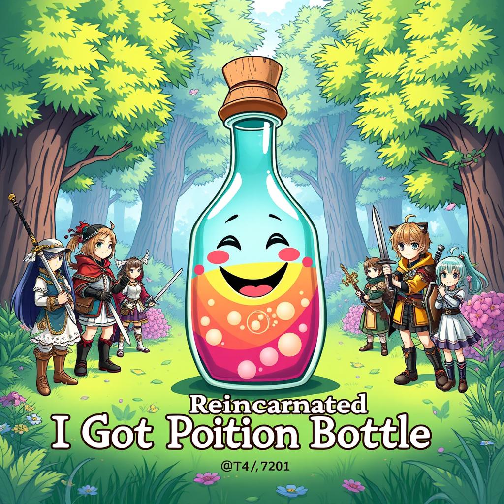 A vibrant anime-style illustration featuring a whimsical potion bottle with a cheerful smiling face, exuding a sense of friendliness and fun