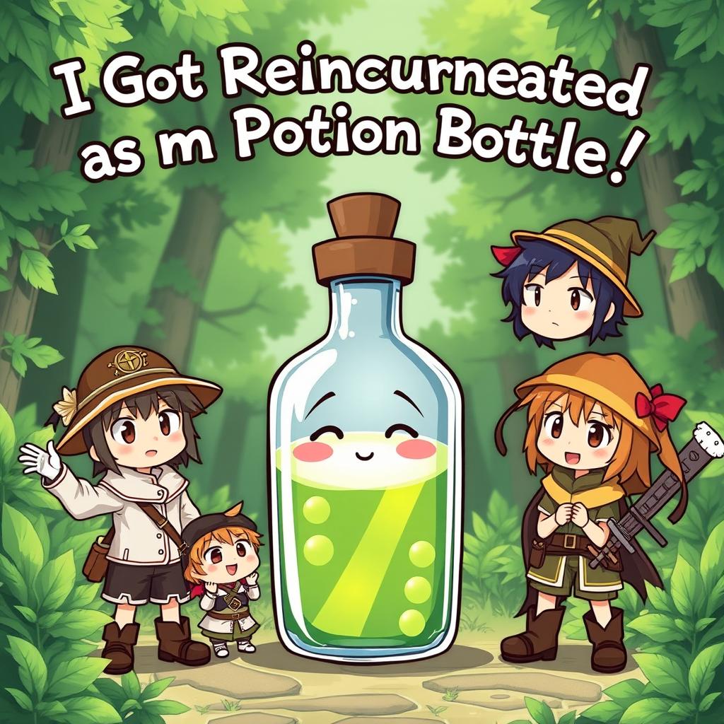An anime-style illustration of a cute potion bottle with a smiling face, surrounded by lush greenery typical of anime backgrounds