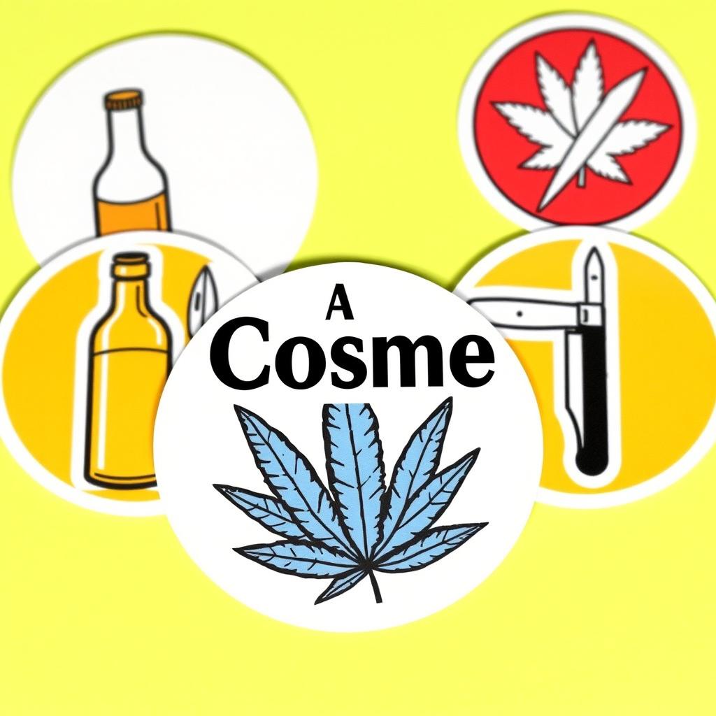 Round stickers with a simple design featuring alcohol, marijuana, and knives