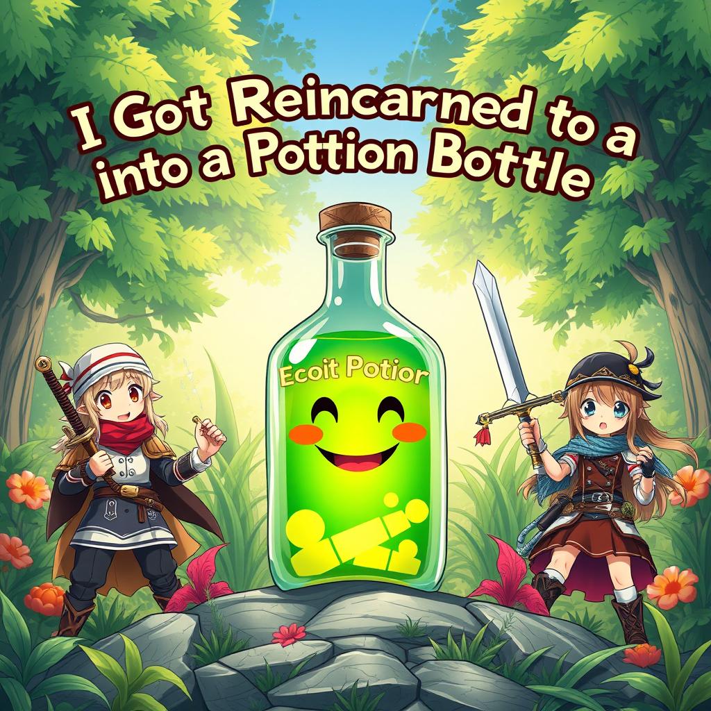 A captivating anime-style book cover illustration featuring a potion bottle with a cheerful smiling face, designed to engage readers