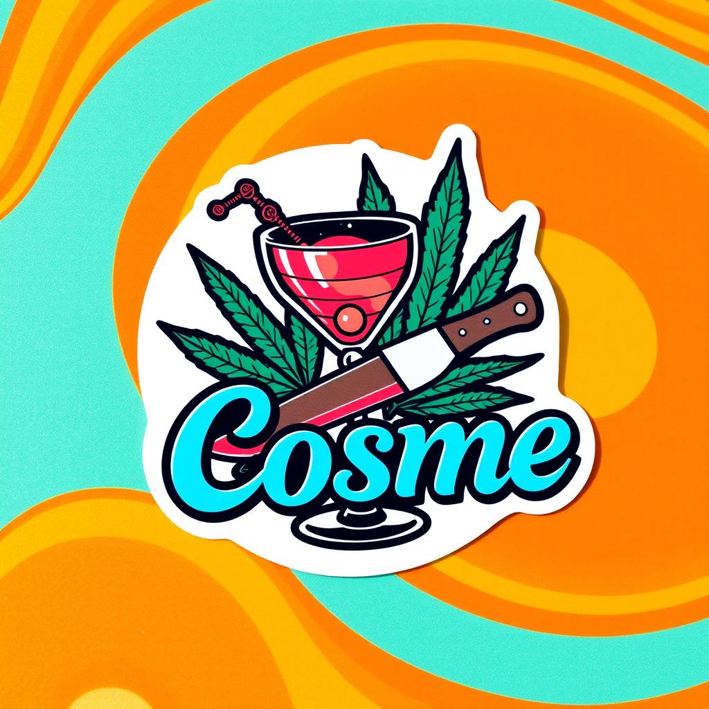 A round sticker featuring a bold design that combines themes of alcohol, marijuana, and knives