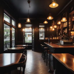 A classic, dark-themed cafe with an atmosphere full of ambient lighting, vintage furniture, and rich wood accents.