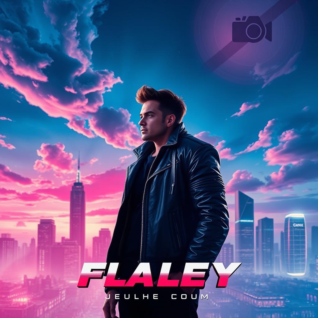 A stunning film poster design featuring a futuristic city skyline at dusk, illuminated by neon lights, with dynamic clouds swirling above