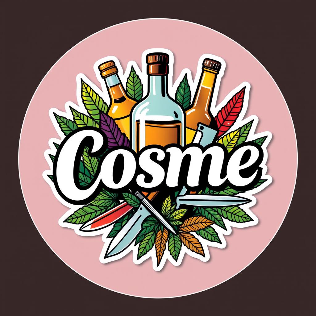 A round sticker design featuring a unique combination of themes: alcohol, marijuana, and knives