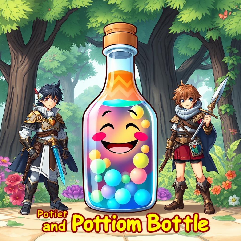 An engaging anime-style book cover illustration featuring a colorful potion bottle with a cheerful smiling face, central to the design