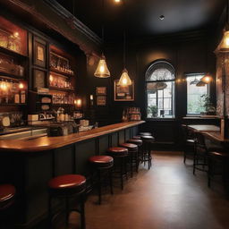 A classic, dark-themed cafe with an atmosphere full of ambient lighting, vintage furniture, and rich wood accents.