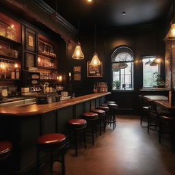 A classic, dark-themed cafe with an atmosphere full of ambient lighting, vintage furniture, and rich wood accents.