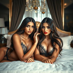 Gorgeous young twin sisters with tan Arabic skin, long brunette hair, and petite, slender bodies dressed in alluring lingerie