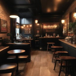 A classic, dark-themed cafe with an atmosphere full of ambient lighting, vintage furniture, and rich wood accents.