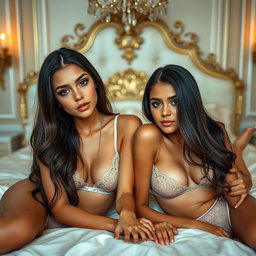 Gorgeous young twin sisters with tan Arabic skin, long brunette hair, and petite, slender figures wearing alluring lingerie, lying closely together on a luxurious bed in a fancy romantic room