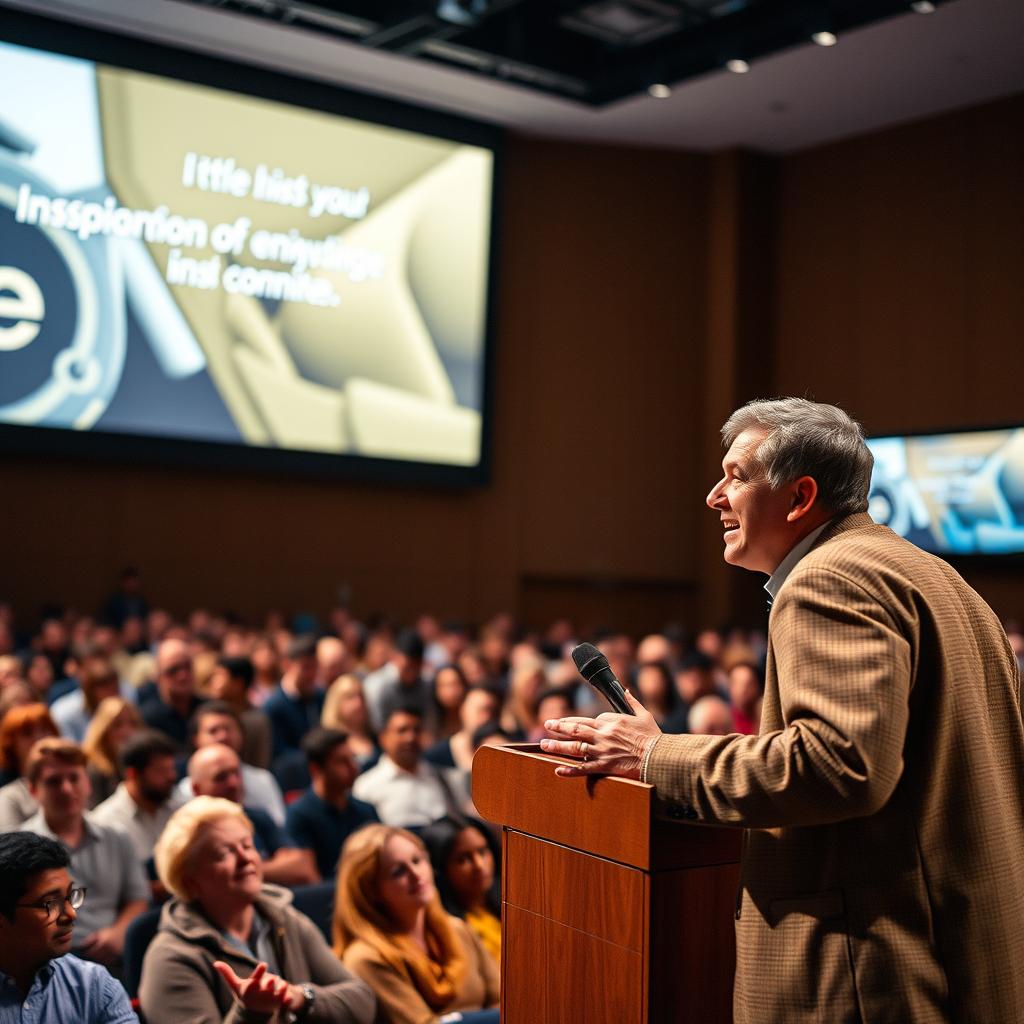 A motivated speaker captivating an audience during a public speech in a large auditorium
