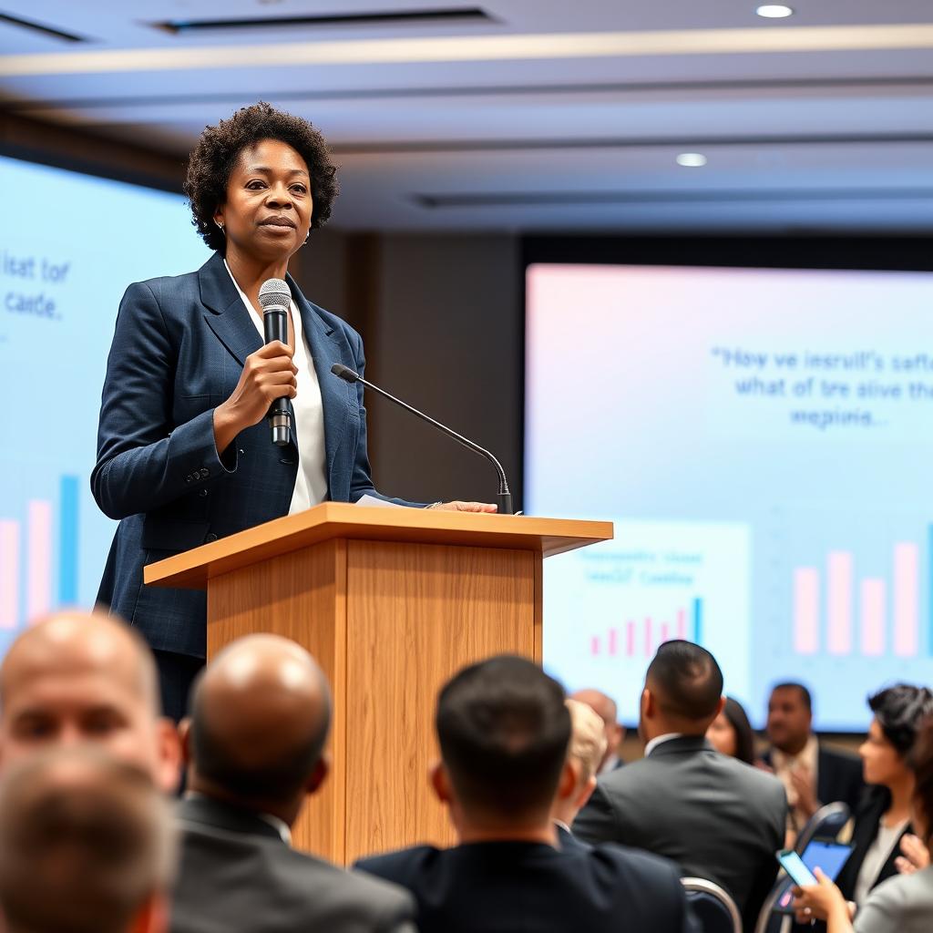 A professional and confident speaker standing at a podium in a brightly lit conference room