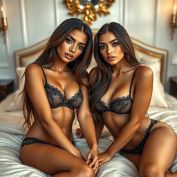 Gorgeous young twin sisters, aged 18, with tan Arabic skin, long brunette hair, and petite, slender figures, elegantly laying next to each other in alluring lingerie on a luxurious bed in a fancy romantic room