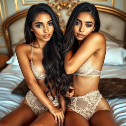 Gorgeous young twin sisters, aged 18, with tan Arabic skin, long brunette hair, and petite, slender figures, elegantly laying next to each other in alluring lingerie on a luxurious bed in a fancy romantic room