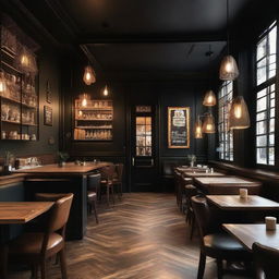 A classic, dark-themed cafe with an atmosphere full of ambient lighting, vintage furniture, and rich wood accents.