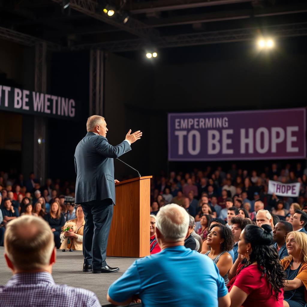 A charismatic leader delivering a powerful public speech on a grand stage, with a diverse audience engaged and inspired