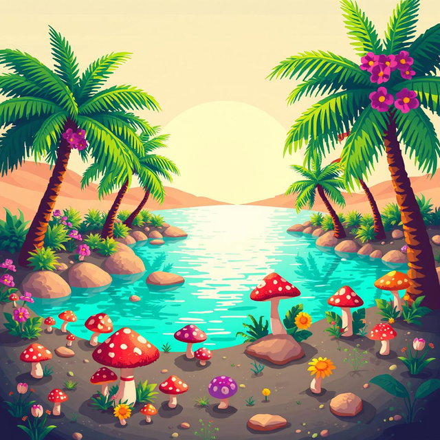 A vibrant pixel art scene depicting an oasis in a desert setting