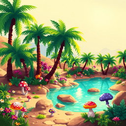 A vibrant pixel art scene depicting an oasis in a desert setting