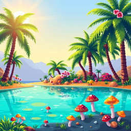 A vibrant pixel art scene depicting an oasis in a desert setting
