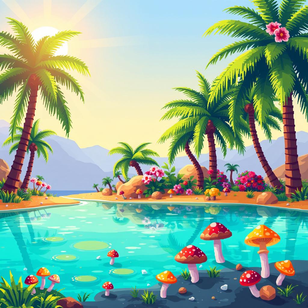 A vibrant pixel art scene depicting an oasis in a desert setting
